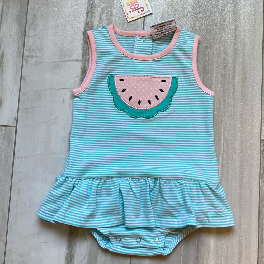 NWT JellyBean by Smock Candy Watermelon Sleeveless Aqua Striped Skirted Romper